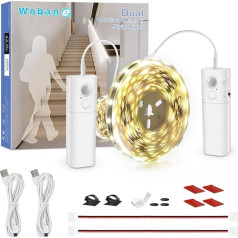 WOBANE LED lente kāpnēm ar dubulto kustības sensoru 5M LED lente ar uzlādējamu akumulatoru LED lente pašlīmējošai lentei virtuves skapītim priekšnamā Gultai Cool White 6000K