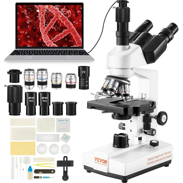 VEVOR trinokulārais mikroskops 10X, 25X, 2X palīgobjektīvs, saliktais mikroskops, objektīvi 4X, 10X, 40X, 100X, laboratorijas mikroskops ar atstarotu gaismu, palielinājums 40-5000, 100-240V, laboratorijas mikroskops