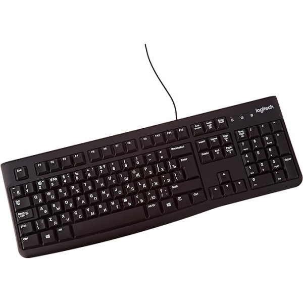 Logitech K120 Biznesa vadu tastatūra Windows un Linux operētājsistēmām, USB ports, Silent Touch, izturīga, noturīga pret šļakatām, tastatūras statīvs, krievu izkārtojums - melna