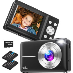 Nsoela Digitālā kamera, kompaktā kamera ar 32 GB karti, 44 MP kamera, 1080P HD videoreportāžas kamera, LCD ekrāns, 16X digitālā tālummaiņa un 2 baterijas pusaudžiem, iesācējiem, zēniem, meitenēm (melna)