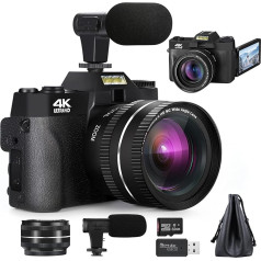 NBD Digitalkamera für Fotografie, 4K Vlogging Digitalkamera mit 180° Flip-Display, WiFi, rosafarben, Makro- und Weitwinkelobjektiv, App-Steuerung, Externe Mikrofone, 16X Zoom, 32GB TF-Karte (Black)