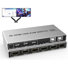 Divu monitoru KVM slēdzis 4K @ 60Hz 2 portu USB HDMI paplašinātais displeja slēdzis 2 datoru koplietošanai ar 2 monitoriem, audio mikrofona izeju un 3 USB 2.0 centrmezglu