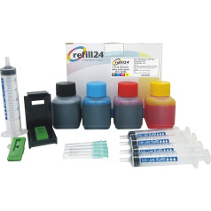 refill24 Uzpildes komplekts: Tintes uzpildes komplekts ar 200 ml tintes, kas ir saderīgs ar HP 301, 301 XL melno un krāsaino multipaku + aksesuāri + instrukcija (angļu valoda nav garantēta), uzpildes komplekts ar