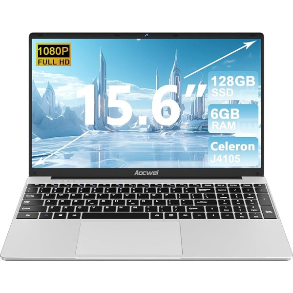 AOCWEI Laptop 15,6 collu 6GB RAM 128GB ROM paplašināšana 1TB SSD ar 2.4G + 5G WiFi, 1080 FHD Laptop Win 10 Bluetooth USB HDMI ar bezvadu peli un vācu klaviatūras uzlīmi Sudraba krāsā