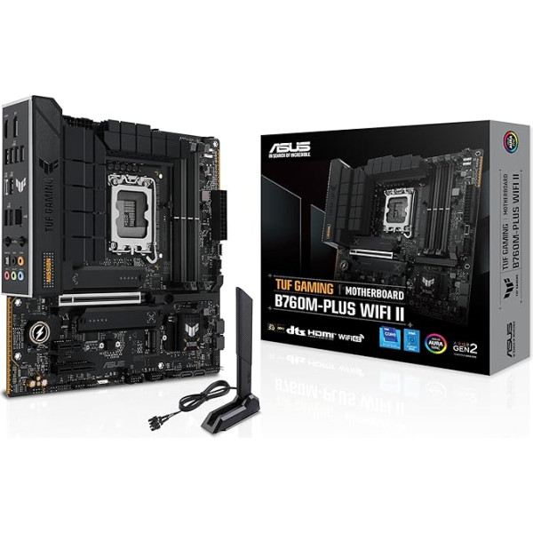 ASUS TUF Gaming B760M-PLUS WiFi II Motherboard Intel B760 LGA 1700 mATX (PCIe 5.0, M.2, DDR5, WiFi 6E, Q Antenna, Realtek 2.5 GB Ethernet, DP, HDMI, SATA 6 Gbit/s, USB Type-C, Thunderbolt 4, Aura