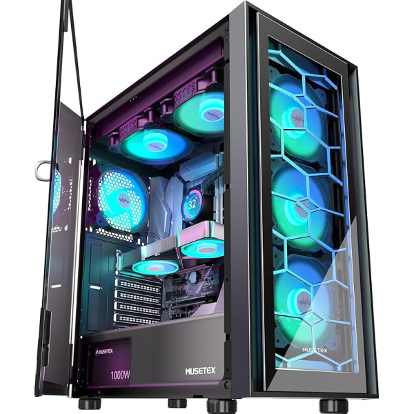 MUSETEX PC Case ATX Pre-Install 6 PWM ARGB Fan, Double Tempered Glass with Side-Opening Door, Mid-Tower ATX PC Case, Full View Gaming PC Case, USB 3.0, Black, G07