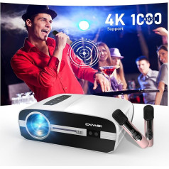 Projektors 4K mājas kinozālei, 1000 ANSI automātiskās fokusēšanas karaokes dienas gaismas projektors ar bezvadu mikrofoniem, viedais video projektors ar 5G WiFi, Bluetooth, Android TV spēlēm, ballītēm, futbola spēlēm