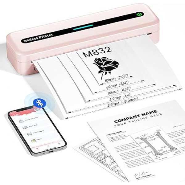 ItriAce Thermodrucker A4- Neuer Verbesserter 300DPI Tragbarer Drucker Wireless für Studium, Reisen, Zuhause, Büro, kompatibel mit Telefon & Laptop, Pink