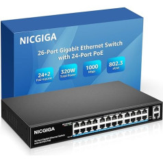 NICGIGA 24 portu gigabitu PoE komutators ar 24 portiem PoE+@300W, 2 gigabitu Uplink pieslēgvietu, izturīgs metāla risinājums darbvirsmas/statnes uzstādīšanai, AI Watchdog, VLAN režīms, Plug and Play, nepārvaldāms Power Over Ethernet (bez vadī