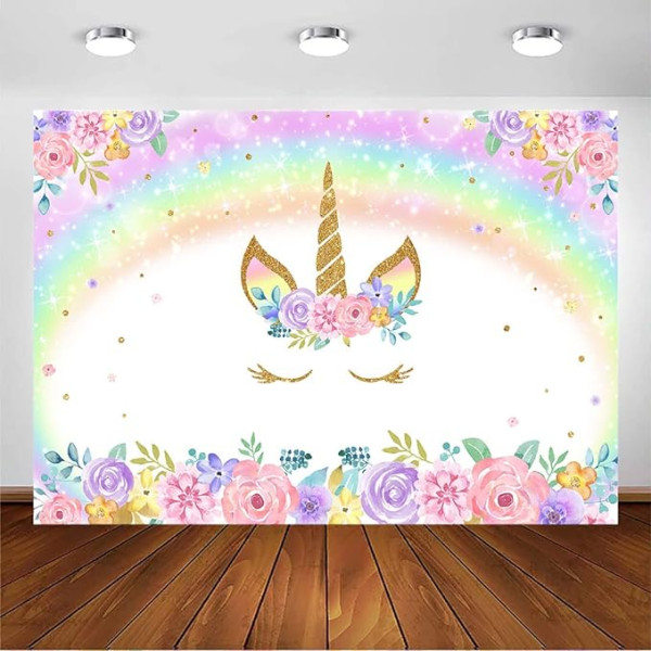 Mehofoto Rainbow Unicorn Birthday Party Background 7 x 5 ft Vinyl Unicorn Floral Watercolour Photography Background