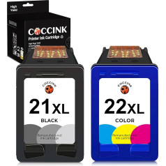 COCCINK 21XL 22XL (1 melna, 1 krāsaina) atjaunotas printeru kasetnes, kas paredzētas HP 21 22 XL Deskjet F2120 F2180 F2280 F380 F380 F380 F390 F335 F4180 D2360 D1460 D1530 D2466 0 OfficeJet 4. 315 J3608