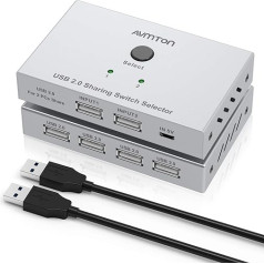 AVMTON Metāla 4 porti USB 2.0 slēdzis Koplietošanas USB slēdzis 2 datoriem USB slēdzis 2 ieejas un 4 izejas USB slēdzis ar 2 USB kabeļiem pelei, tastatūrai, USB zibatmiņas diskam utt.