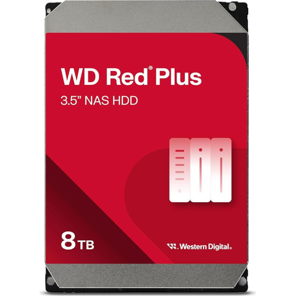 WD Red Plus iekšējais cietais disks NAS 8 TB (3,5 collu, darba slodzes ātrums 180 TB/gadā, 5640 apgr./min, 256 MB kešatmiņa, 215 MB/s datu pārraides ātrums, NAS programmatūras programmaparatūra saderībai, 8 nodalījumi) - sarkans