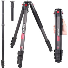 179 cm. Compact carbon fibre tripod. Lightweight carbon travel camera tripod. Removable monopod with external centre column. Maximum load 15 kg