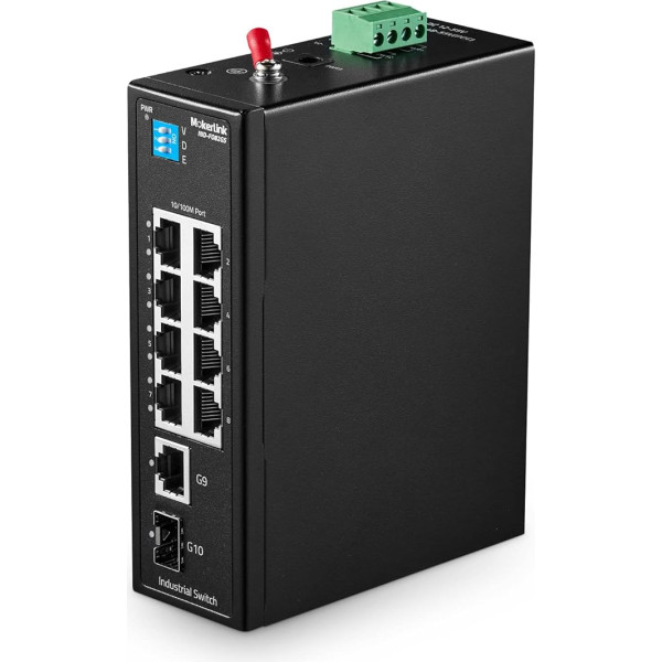 MokerLink 10 pieslēgvietu industriālais DIN sliedes komutators, 8 porti 100Mbps, 1 gigabit Ethernet un 1 SFP Uplink, DIN sliedes un sienas stiprinājums