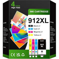 912 912XL printeru kasetnes, kas saderīgas ar HP 912 XL multipaku HP OfficeJet 8010 8012 8013 8014 8015 8017 OfficeJet Pro 8020 8021 8021 8022 8023 8024 8025 (melns, sārts, dzeltens, dzeltens, 4 gab.)