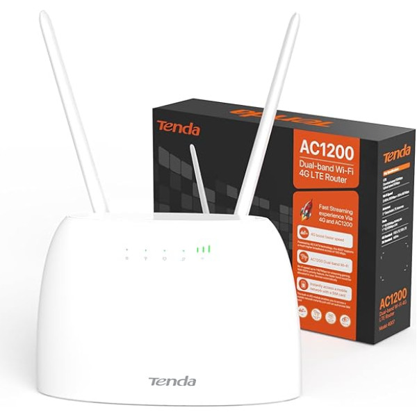 Tenda 4G07 4G LTE WLAN Router for SIM Cards (CAT4, AC1200 Dual Band 2.4GHz: 300Mbps + 5GHz: 867Mbit/s, 150Mbps Download) Plug & Play, LAN/WAN Port, 2 Removable Antennas, MU-MIMO, White