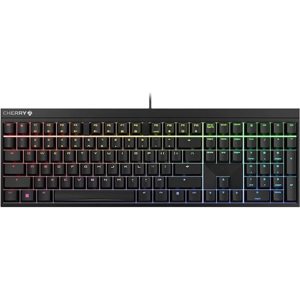 CHERRY MX 2.0S, laidinė žaidimų klaviatūra su RGB apšvietimu, ES išdėstymas (QWERTY), sukurta Vokietijoje, originalūs MX Blue jungikliai, juoda