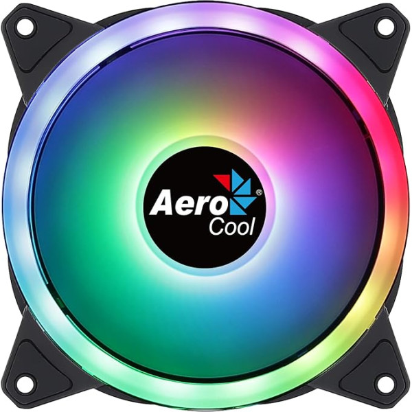 Aerocool Duo 12 PC ventilators - 120 mm ventilators ar dubulto gredzenu RGB LED apgaismojumu un 28 LED diodēm, ar 6 kontaktu savienotāju, izliektām lāpstiņām un pretvibrācijas spilventiņiem, saderīgs ar ARGB centrmezglu, 1000 RPM, viens ventilato