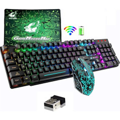 Rainbow Backlit bezvadu tastatūra 2.4G uzlādējama mehāniskā sajūta 104 taustiņi spēļu tastatūra + 2400DPI 6 taustiņi optiskā Rainbow LED spēļu pele + peles paliktņi