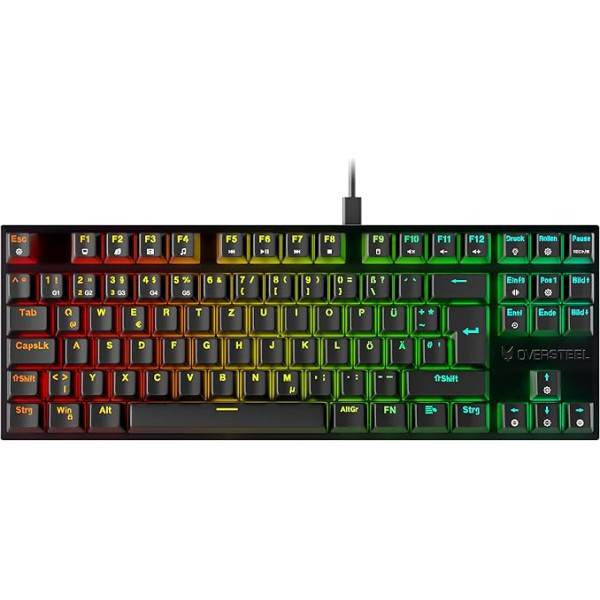 Oversteel - KOVAR USB spēļu TKL tastatūra, RGB izgaismota, mehāniskā slēdža Outemu Red, Anti-Ghosting, vācu izkārtojums PC/MAC/Android