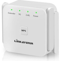 LINKAVENIR WLAN pastiprinātājs WLAN retranslators, divjoslu WLAN 1200 Mbit/s (867 MBit/s 5GHz + 300 MBit/s 2,4 GHz) ar 1 LAN pieslēgvietu 4 antenas WLAN pastiprinātāja režīms AP režīms Saderīgs ar visām WLAN ierīcēm