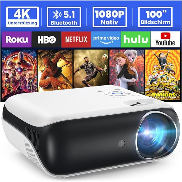 HOPVISION Beamer, Full HD 1080P Beamer, Bluetooth Beamer 4K Unterstützt, Tragbare Mini Beamer Heimkino, Home/Outdoor Projektor Kompatibel mit Smartphone/HDMI/USB/AV/Fire Stick/PS5