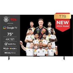 TCL 75T7B 75 collu QLED Pro televizors, 4K Ultra HD, HDR Pro, viedtelevīzija ar Google TV atbalstu (Dolby & Atmos, kustību skaidrība, brīvroku balss vadība, saderīgs ar Google Assistant un Alexa)