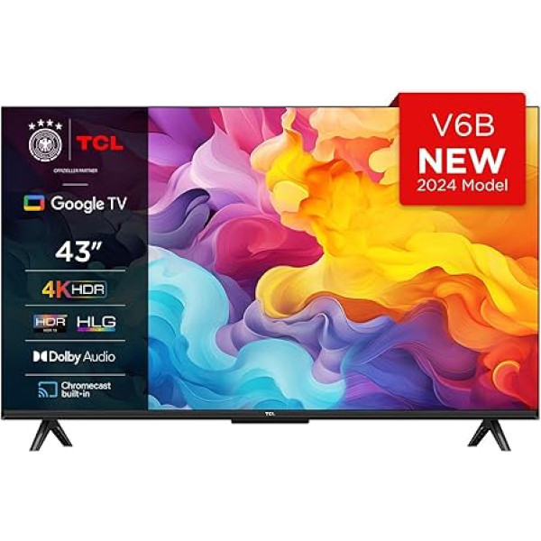 TCL 43V6B 43 collu 4K Ultra HD, HDR televizors, Smart TV ar Google TV atbalstu (Dolby Audio, kustību skaidrība, balss vadība, saderīgs ar Google Assistant, iebūvēts Chromecast)