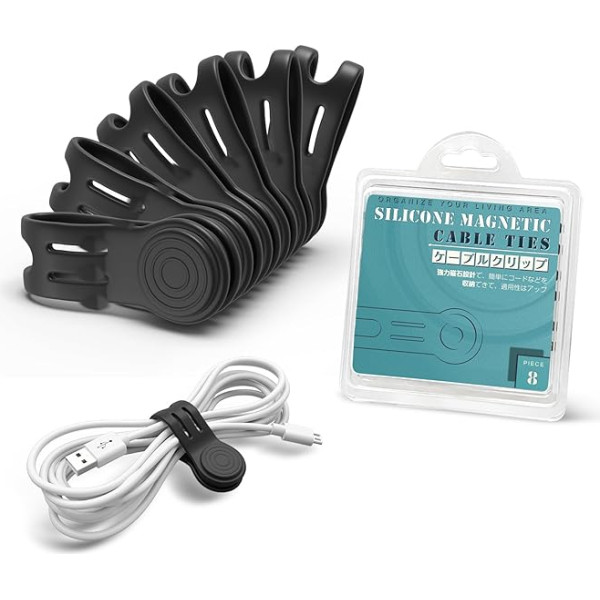 Kcmell Magnetische Kabelbinder 8 Stück, Schwarz Wiederverwendbare Kabelbinder Kabelorganisatoren Magnetische Kabelclips Silikon Cord Organizer Kabelbänder zum Organisieren und Bündeln von Drähten,