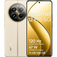 realme 12 Pro 5G viedtālrunis, 12 + 256 GB, Sony portretu kamera ar 2X optisko tālummaiņu, IMX882 OIS kamera, 6,7 collu 120 Hz izliekts Vision displejs, 67 W SUPERVOOC uzlāde, 5000 mAh cietā baterija, bēšs