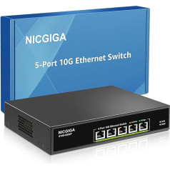 5 pieslēgvietu 10G Ethernet komutators bez vadības, ar 5X 10Gb Base-T RJ45 pieslēgvietām, NICGIGA 10Gbps tīkla komutators, viegli piemērots 10G NAS, datoram, WiFi7 maršrutētājam, 10G adapterim/IKS. Galda vai 19 collu statīva montāža, Plug and 