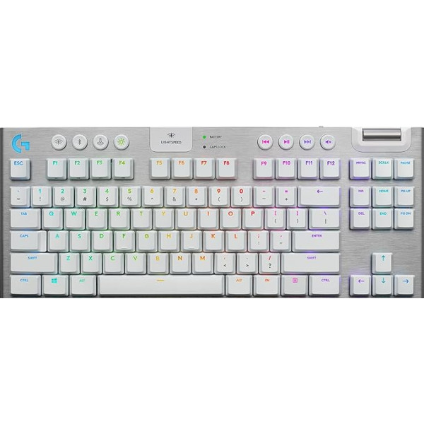 Logitech G915 LIGHT SPEED TKL bezvadu mehāniskā spēļu klaviatūra bez ciparu tastatūras, taktilā GL pogu slēdzis ar zema profila ASV QWERTY izkārtojumu, balta krāsa