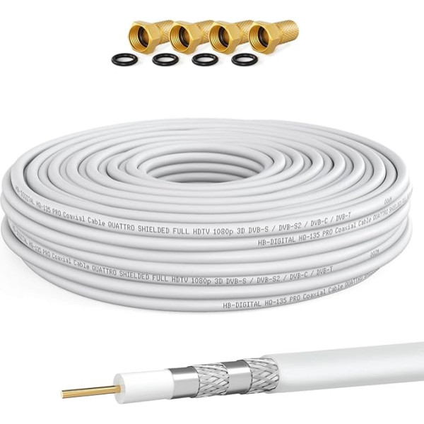 135dB 10m Koaxial SAT kabelis HQ-135 PRO 4-Fach geschirmt für DVB-S / S2 DVB-C und DVB-T BK Anlagen + 4 vergoldete F-Stecker Set Gratis dazu