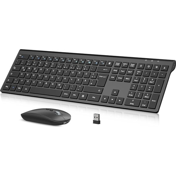 cimetech Keyboard Mouse Set Wireless, 2.4G uzlādējama bezvadu tastatūra Ergonomiska bezvadu tastatūra ar QWERTZ izkārtojumu (vācu valodā), īpaši plāna datora/Desktop/PC/Laptop/Windows 10/8/7 ierīcēm