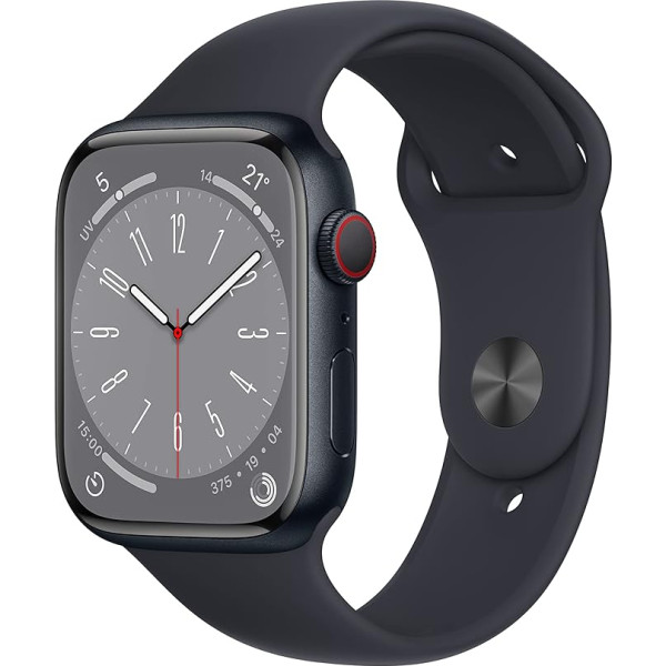 Apple Watch Series 8 (GPS + Cellular, 45 mm) Mitternacht Aluminium-Gehäuse mit Mitternacht Sportband, regulējams (vispārējs)