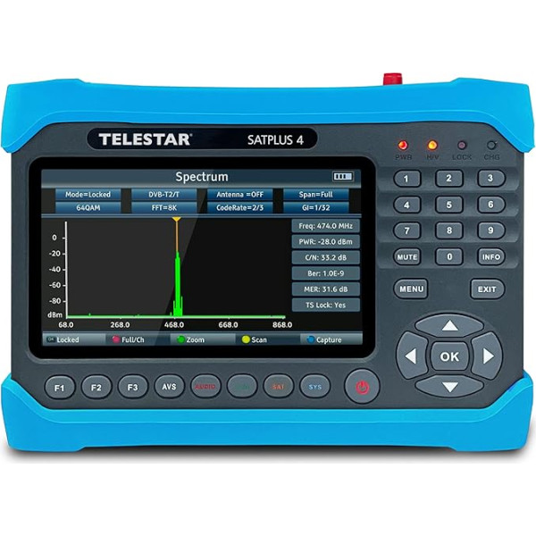 TELESTAR SATPLUS 4 - SAT mērītājs, kabeļu un virszemes - Satelītu meklētājs (DVB-S/DVB-S2 / DVB-C/DVB-T2 HD, H.265), DiSEqC, Unicable, WLAN, optiskā šķiedra, akumulators