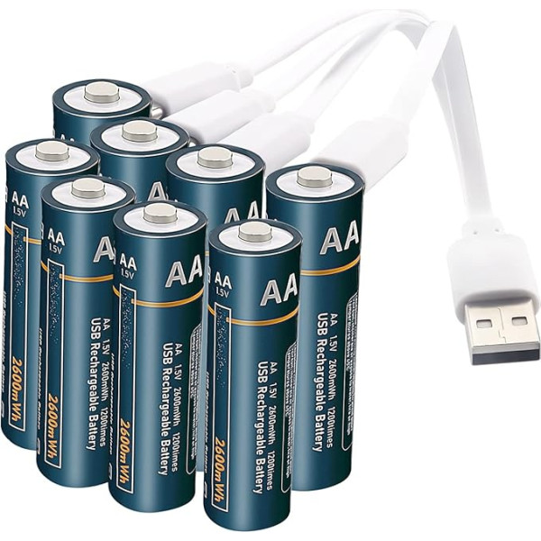 MinSoHi AA litija 1,5 V litija uzlādējamās baterijas AA USB C akumulatora 1,5 V 2600 MWh 2H ātrā uzlāde ar 4-in-1 USB Type-C uzlādes kabeli un uzglabāšanas futrālis, 8 gab. iepakojumā