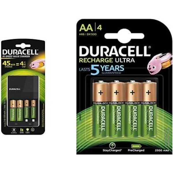 Duracell lādētājs ar 4 stundām, 1 skaits un Ultra HR6DX1500 baterijas ar zemu pašizlādes līmeni (2500mAh), 4 gab. komplektā