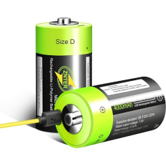 HITRENDS D tipa baterija [2 gab.] - uzlādējamas USB litija D tipa baterijas - 1,5 V / 4000 mAh - nav NI-MH/NI-CD/alkāniskās baterijas - videi draudzīgas un pārstrādājamas - bez atmiņas efekta