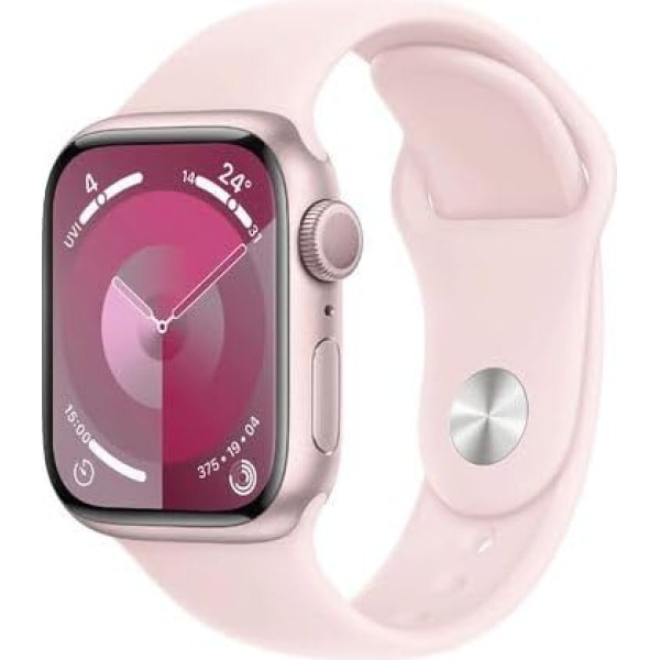 Apple Watch Series 9 (GPS, 41 mm) viedpulkstenis ar alumīnija korpusu rozā krāsā un gaiši rozā sporta siksniņu, S/M fitnesa sekotājs, skābekļa un EKG aplikācijas, vienmēr ieslēgts Retina displejs, ūdens aizsardzība