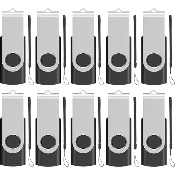 EASTBULL USB Stick 1 GB Pack of 10 USB 2.0 Rotatable Memory Sticks Drive Flash Drive with 10 Pieces Rope, Black