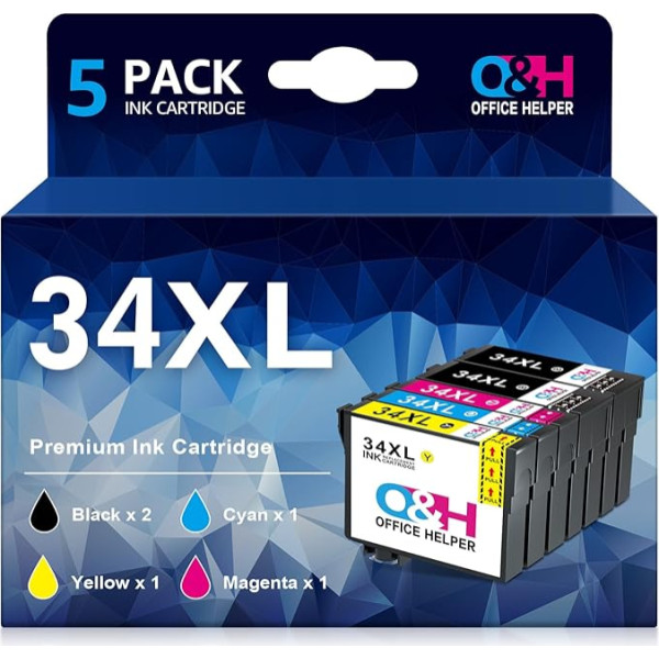 OFFICEHELPER 34XL printeru kasetnes saderīgas ar Epson 34 XL Workforce Pro WF-3725DWF WF-3720DWF WF-3720DWF WF3725DWF WF3720DWF WF3725 WF3720DWF WF3725 WF3720 T3471 T3472 T3473 T3474 (Iepakojumā ir 5/2 melnas 1 zilganzaļas 1 sārta 1 purpursarkana 1