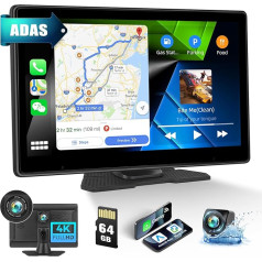 Tragbare Autoradio 4K-Dashcam mit CarPlay Android Auto, 10,1'' Kabelloses Autoradio-Receiver mit 4K Dashcam Auto Vorne Hinten, Bluetooth, FM Transmitter, AUX, Mirror Link+64GB SD+Loop-Aufnahme