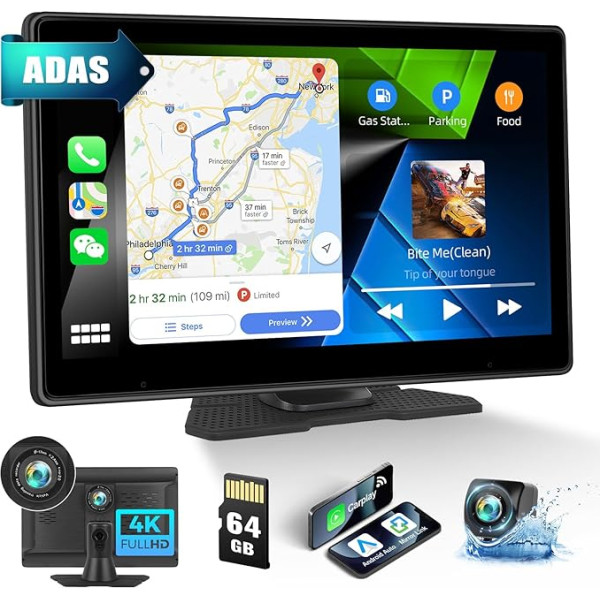 Tragbare Autoradio 4K-Dashcam mit CarPlay Android Auto, 10,1'' Kabelloses Autoradio-Receiver mit 4K Dashcam Auto Vorne Hinten, Bluetooth, FM Transmitter, AUX, Mirror Link+64GB SD+Loop-Aufnahme