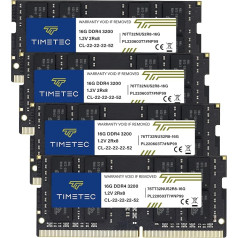 Timetec 64GB komplekts (4x16GB) DDR4 3200MHz (DDR4-3200) PC4-25600 Non-ECC Unbuffered 1.2V CL22 2Rx8 Dual Rank 260 Pin SODIMM AMD un Intel spēļu portatīvajiem datoriem DDR4 3200MHz (DDR4-3200) PC4-25600 Atmiņa RAM Odule Up Class