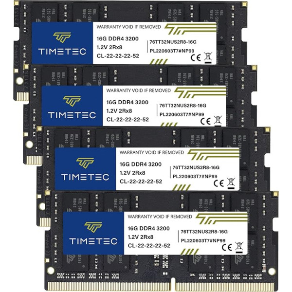 Timetec 64GB komplekts (4x16GB) DDR4 3200MHz (DDR4-3200) PC4-25600 Non-ECC Unbuffered 1.2V CL22 2Rx8 Dual Rank 260 Pin SODIMM AMD un Intel spēļu portatīvajiem datoriem DDR4 3200MHz (DDR4-3200) PC4-25600 Atmiņa RAM Odule Up Class