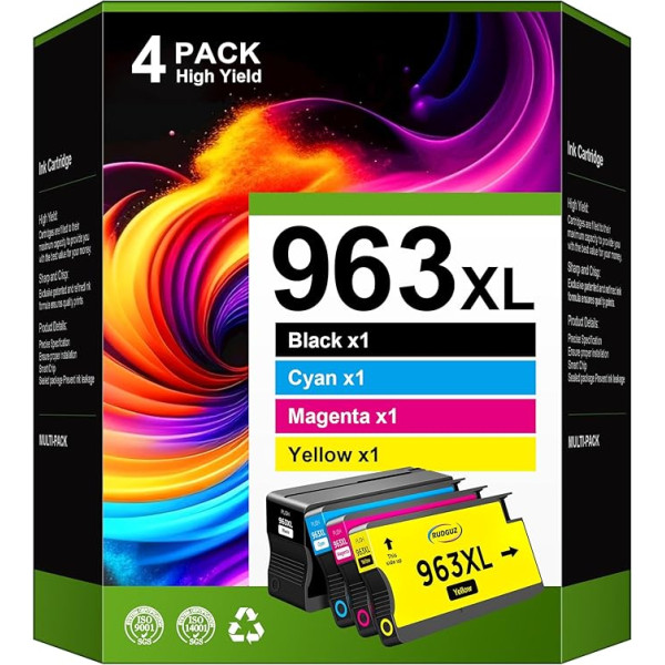 RUDGUZ 963XL Multipack saderīgs ar HP 963 963XL 963 XL printeru kasetnēm HP OfficeJet Pro 9010 kasetnēm 9012 9020 9014 9015 9025 9019 9019 9013 9022 9016 (melns ciānspalvains, dzeltens, dzeltens, 4 gab.)