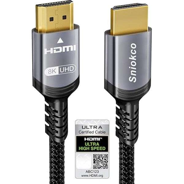 Sniokco 10K 8K 4K HDMI 2.1 kabelis 6,1 m, sertificēts 48 Gbps īpaši ātrgaitas pīts, atbalsta dinamisko HDR, eARC, Dolby Atmos, 8K@@60Hz, 4K@@120Hz, HDCP 2.2 2.3, saderīgs ar TV monitoru Vairāk