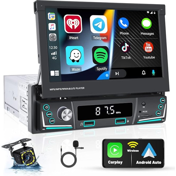 Hikity Din 1 auto radio bezvadu Carplay ar 7 collu manuāli izvelkamu displeju Android auto spoguļa saite Android/iOS, auto radio skārienekrāns ar BT FM USB SWC TF Mic CAM